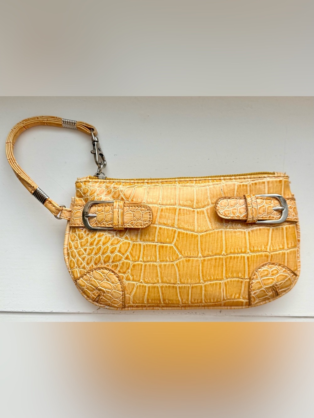 Croc-Embossed Yellow Wristlet Clutch with Buckle Details